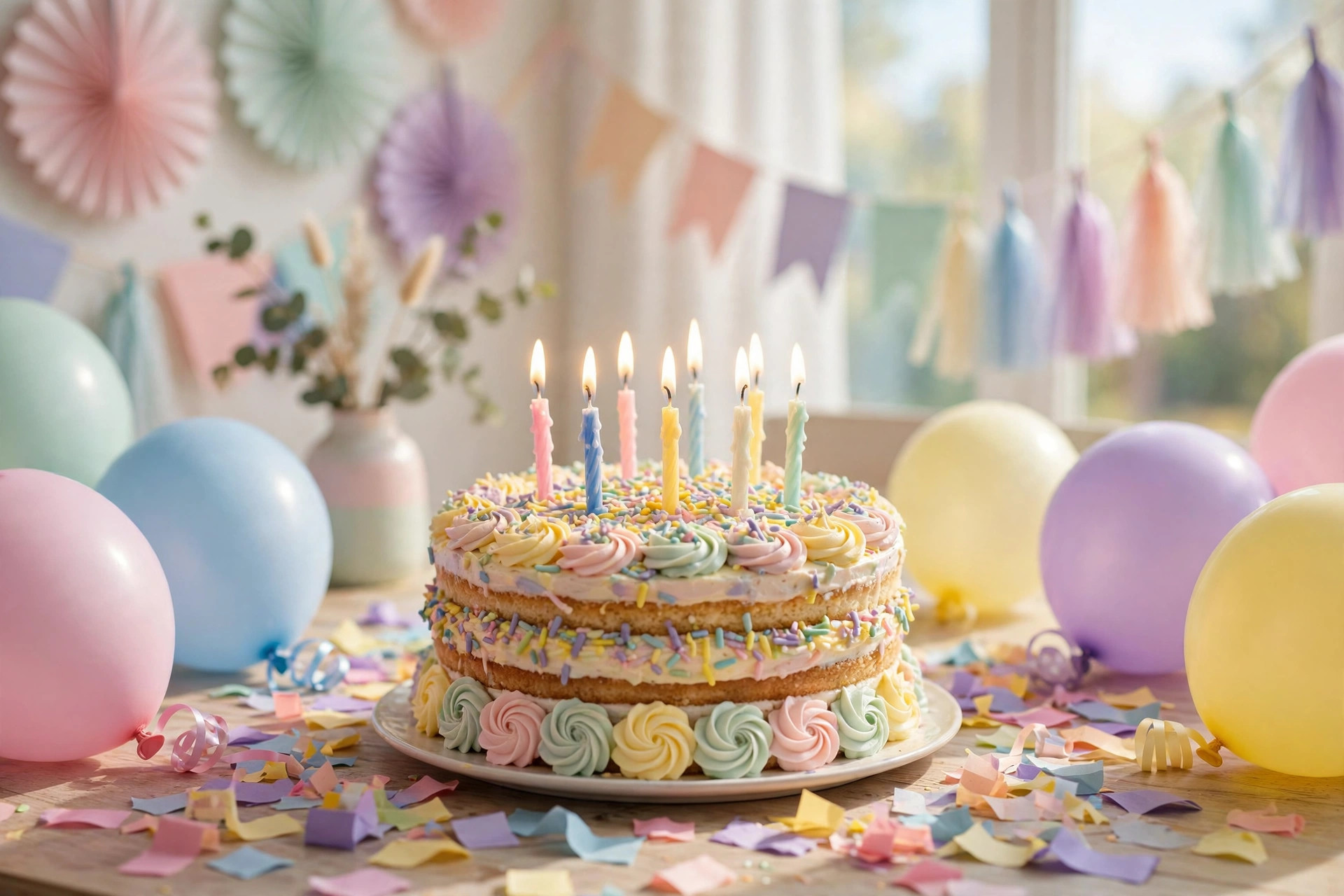A birthday cake with lit candles, surrounded by pastel balloons and confetti