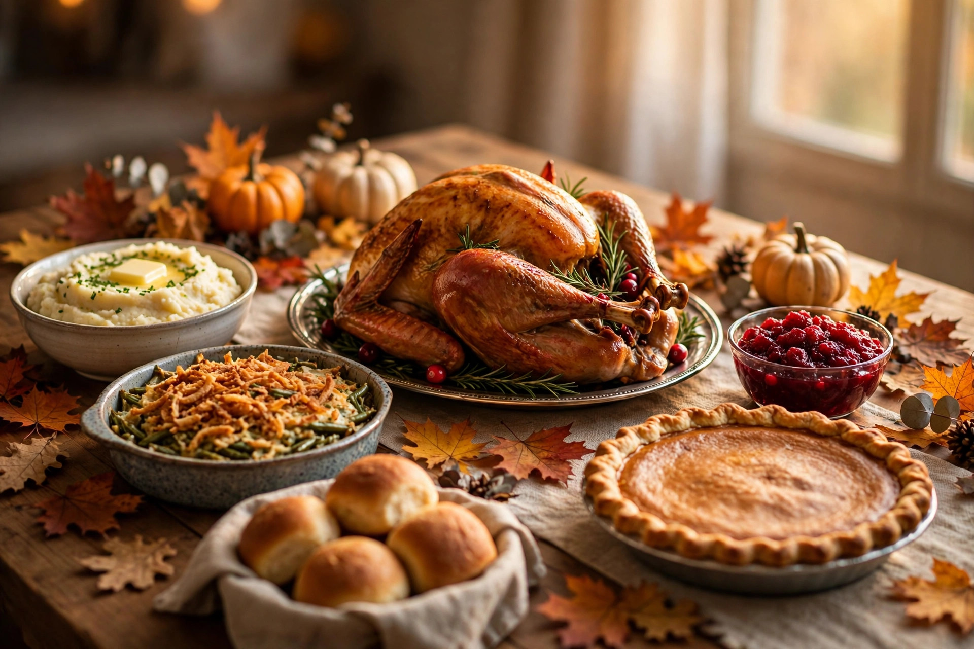 A Thanksgiving table with a golden turkey, mashed potatoes, green bean casserole, cranberry sauce, dinner rolls, and pumpkin pie, with autumn leaves and small pumpkins